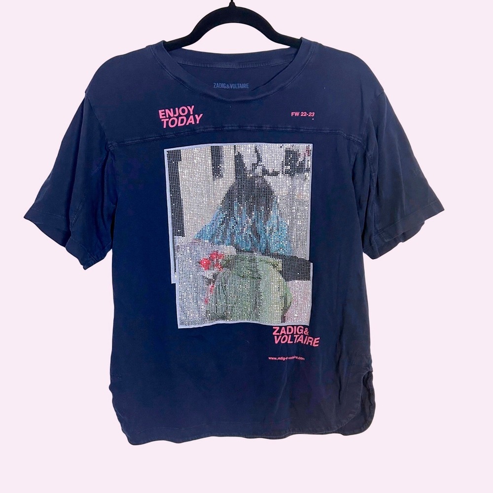 Navy Zadig & Voltaire Bow Rhinestone Photoprint Strass T-Shirt Womens Size Small